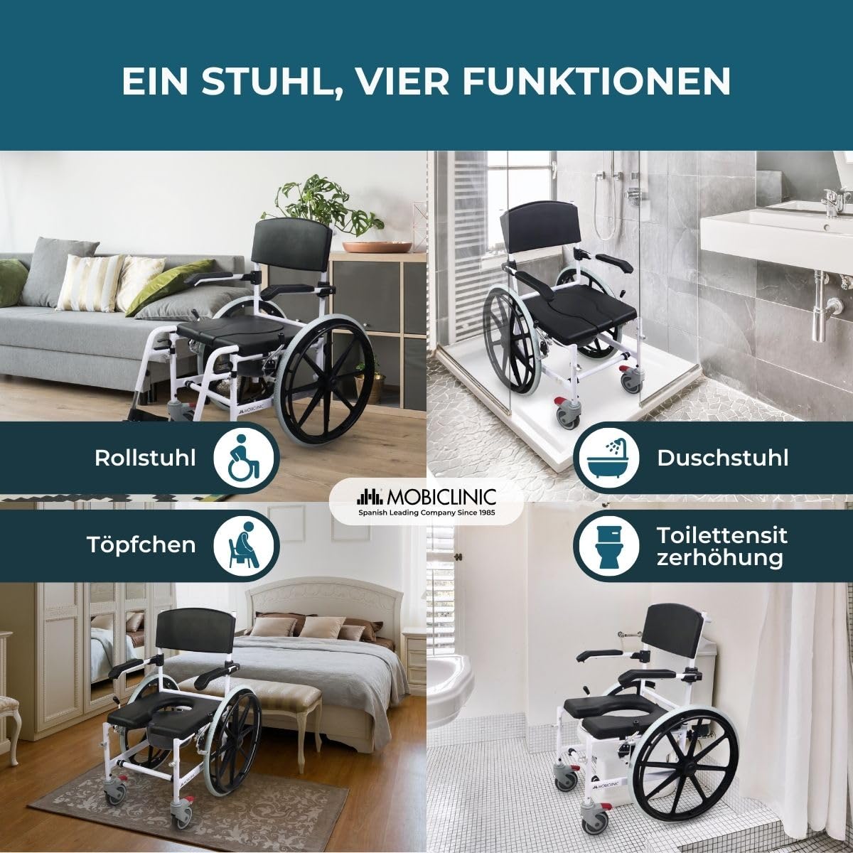 Mobiclinic®, Toilettenrollstuhl, Höhenverstellbar, Selbstfahrend, Calígula, Klappbare Fußstütze und Armlehnen, Mit Abnehmbarer Schüssel, Bremse an den Rädern, Aluminium