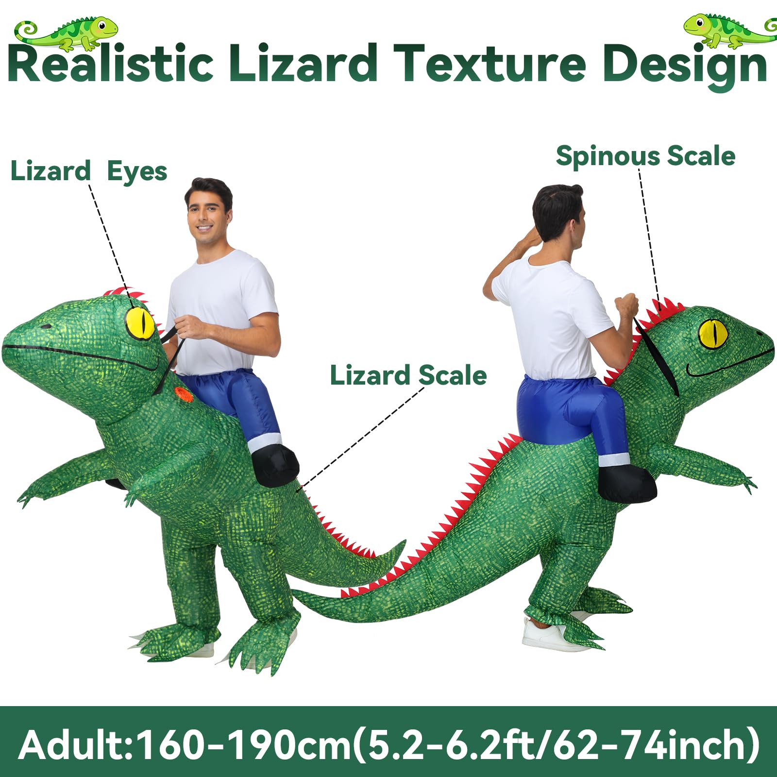 Anroong Inflatable Lizard Costume for Adult Halloween Chameleon Blow Up Iguana Ride on Costume Men Cosplay Party - Image 2