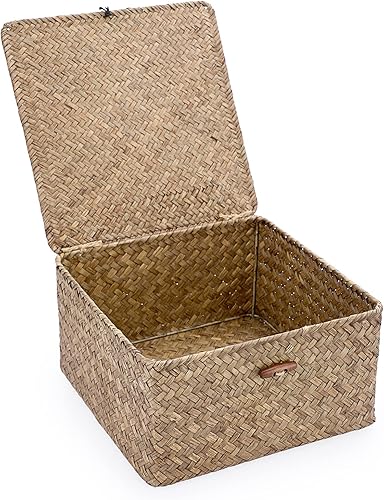 Miniatura 9 de Hipiwe Canasta de mimbre con tapa, tejida a mano, cesta de almacenamiento de hierba marina, contenedor cuadrado multiusos para el hogar, cajas para
