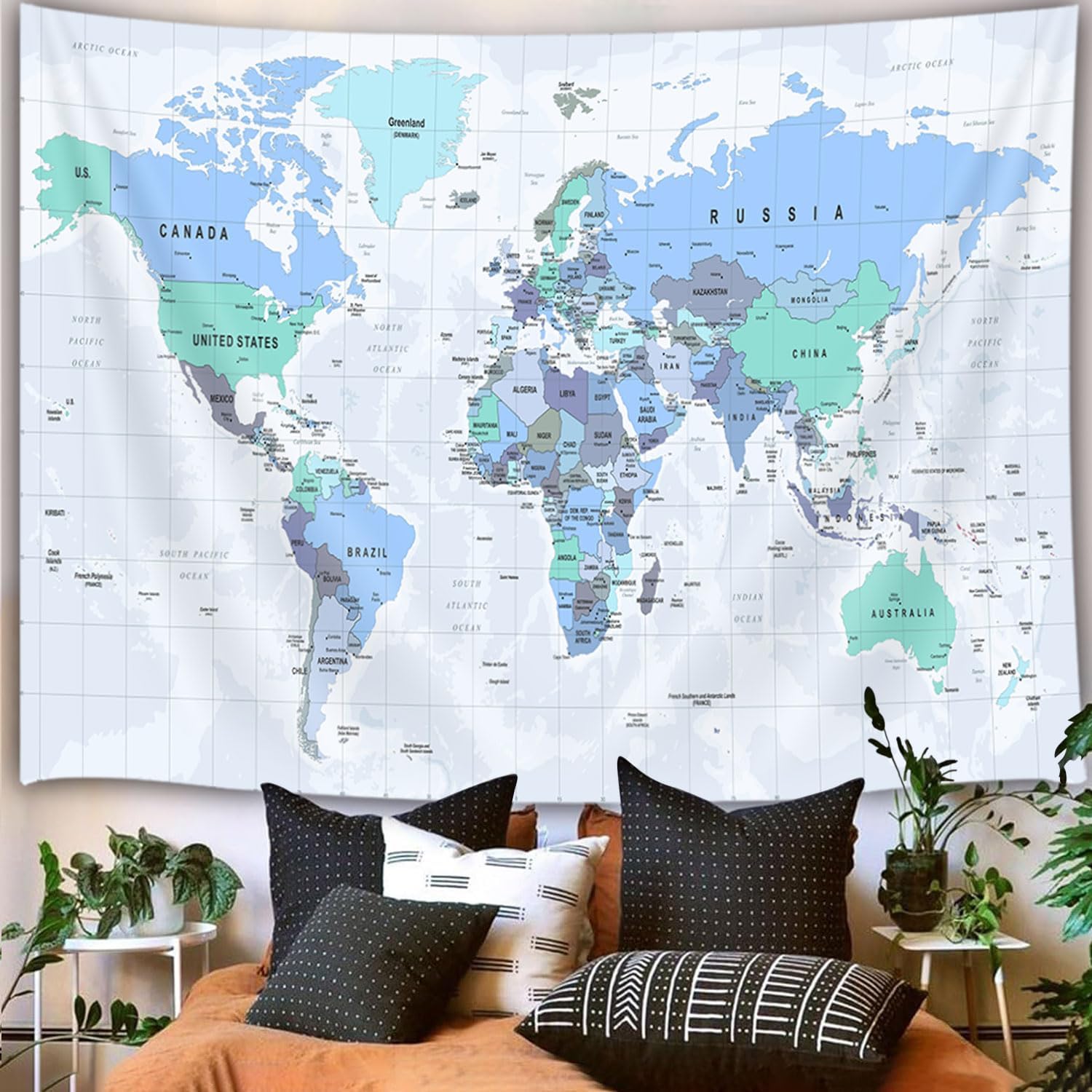 JAWO Tapestry for Kids Student, with Countries and Major Cities Tapestries Educational Asia Europe South City Topography America Africa Japan Wall Tapestry 40X30 Inch(Navy Blue) image 2