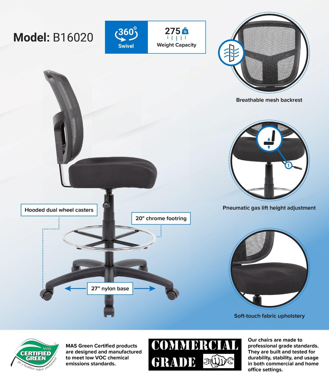 Boss Office Products Contract Mesh Armless Drafting Stool, Black