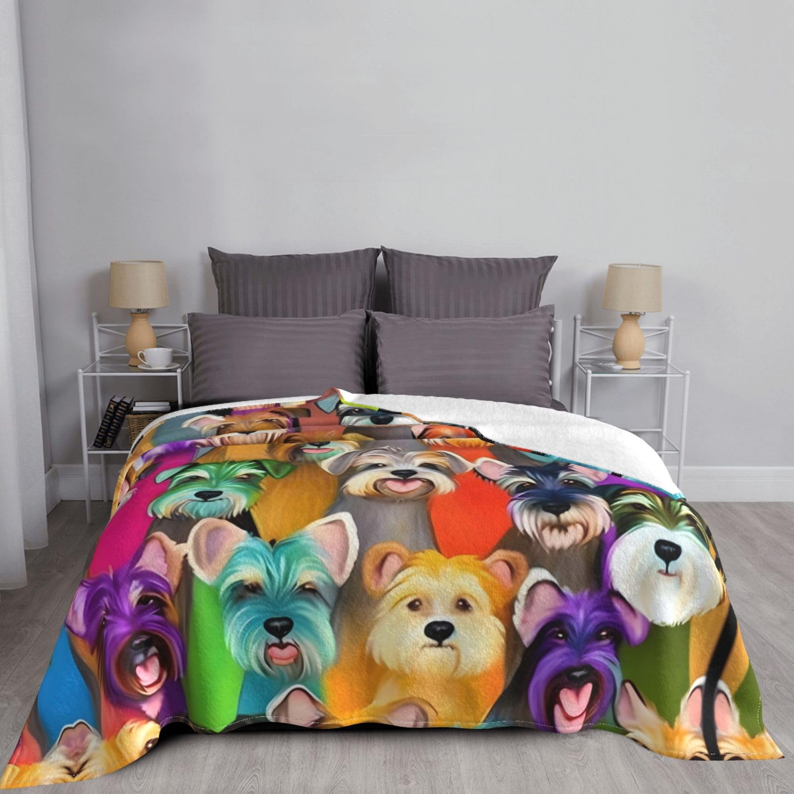 Coperta decorativa in morbida flanella calda e accogliente per bambini, cane, gatto, 127 x 152 cm, stampa con simpatici cani Schnauzer a olio
