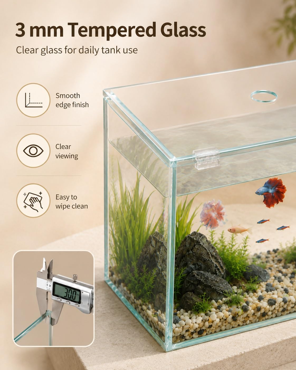 Coperchio Acquario Vetro Trasparente, Copertura Vasca Pesci con Foro e Clip(L:30 x W:28 cm)