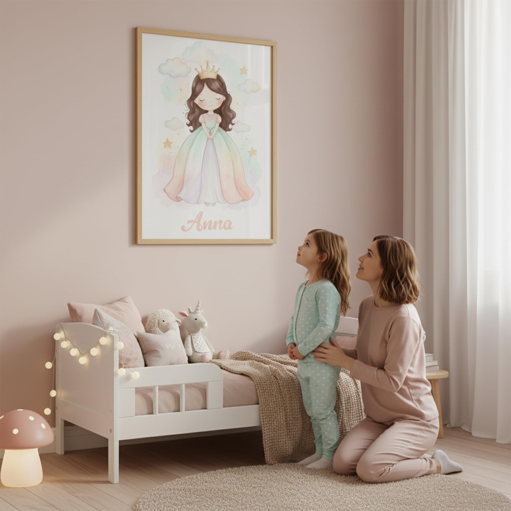 Triangle Déco Poster personalizzato nome Principessa dai capelli marroni con o senza Cornice pastello acquerello fata ragazza Poster Tela o Plexiglass regalo nascita compleanno Natale camera bambini