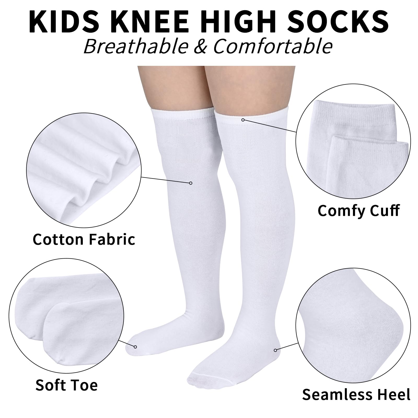 KOOOGEAR 3 pares de calcetines altos hasta la rodilla para niñas y niños, calcetines de algodón blanco y negro, calcetines de regreso a clases, calcetines lisos para uniforme de fiesta, calcetines