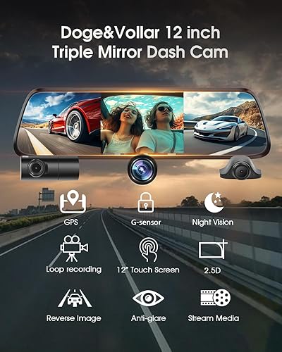 Miniatura 2 de Cámara de espejo retrovisor, espejo 4K Dash Cam de 12 pulgadas Cámara de espejo retrovisor de tres canales, pantalla táctil completa inteligente,
