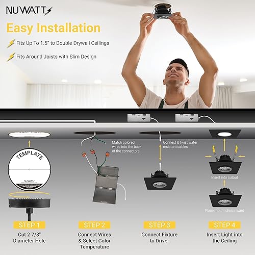 Miniatura 3 de NUWATT Luz empotrada LED cuadrada de 3 pulgadas luz de techo LED todo en 1 con interruptor de color CCT de 2700K - 5000K 8W 600 lúmenes 120V