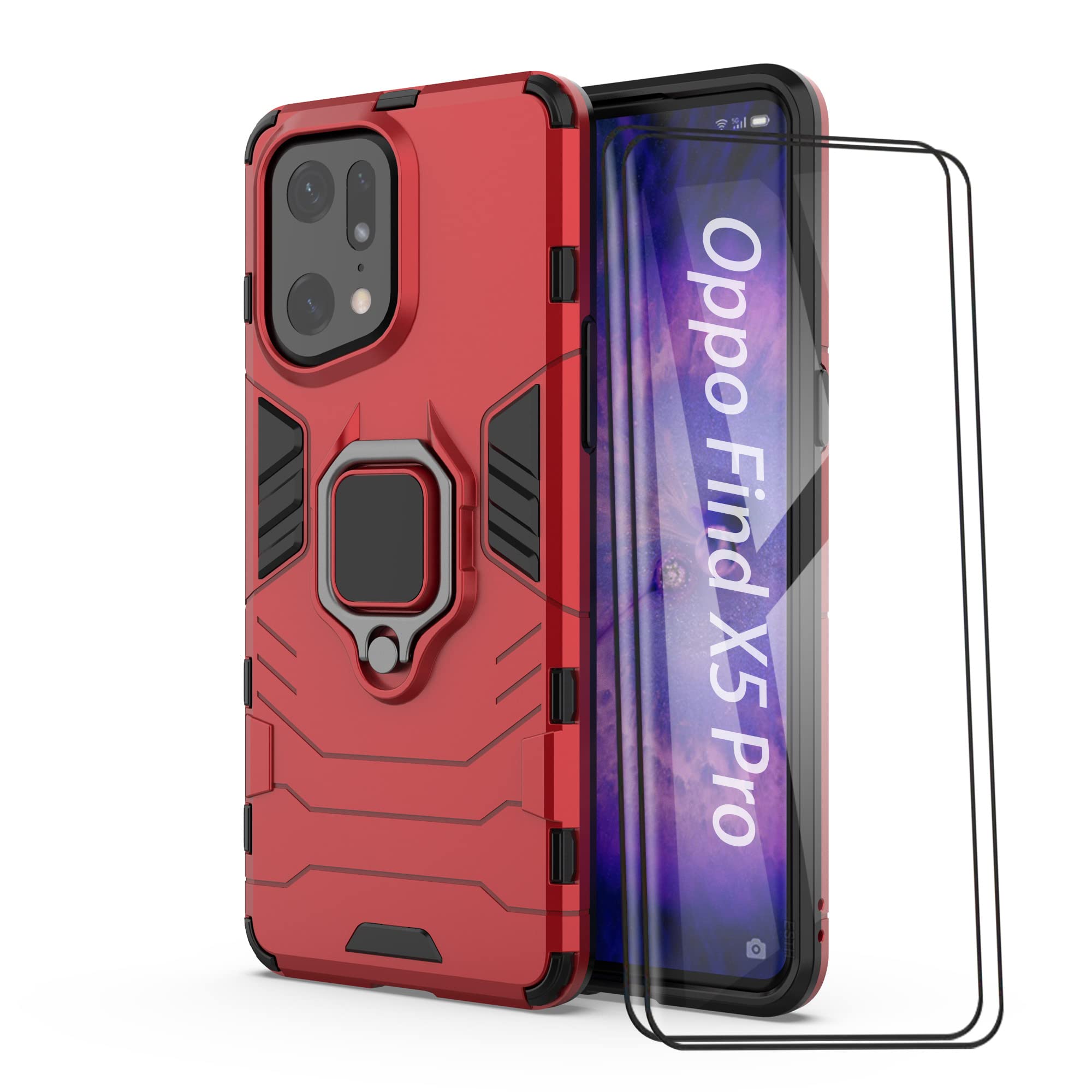 Custodia Per Oppo Reno6 Pro 5G Con Anello Rotante 360° E Supporto Magnetico – 2 Pellicole Incluse, Rosso - 4