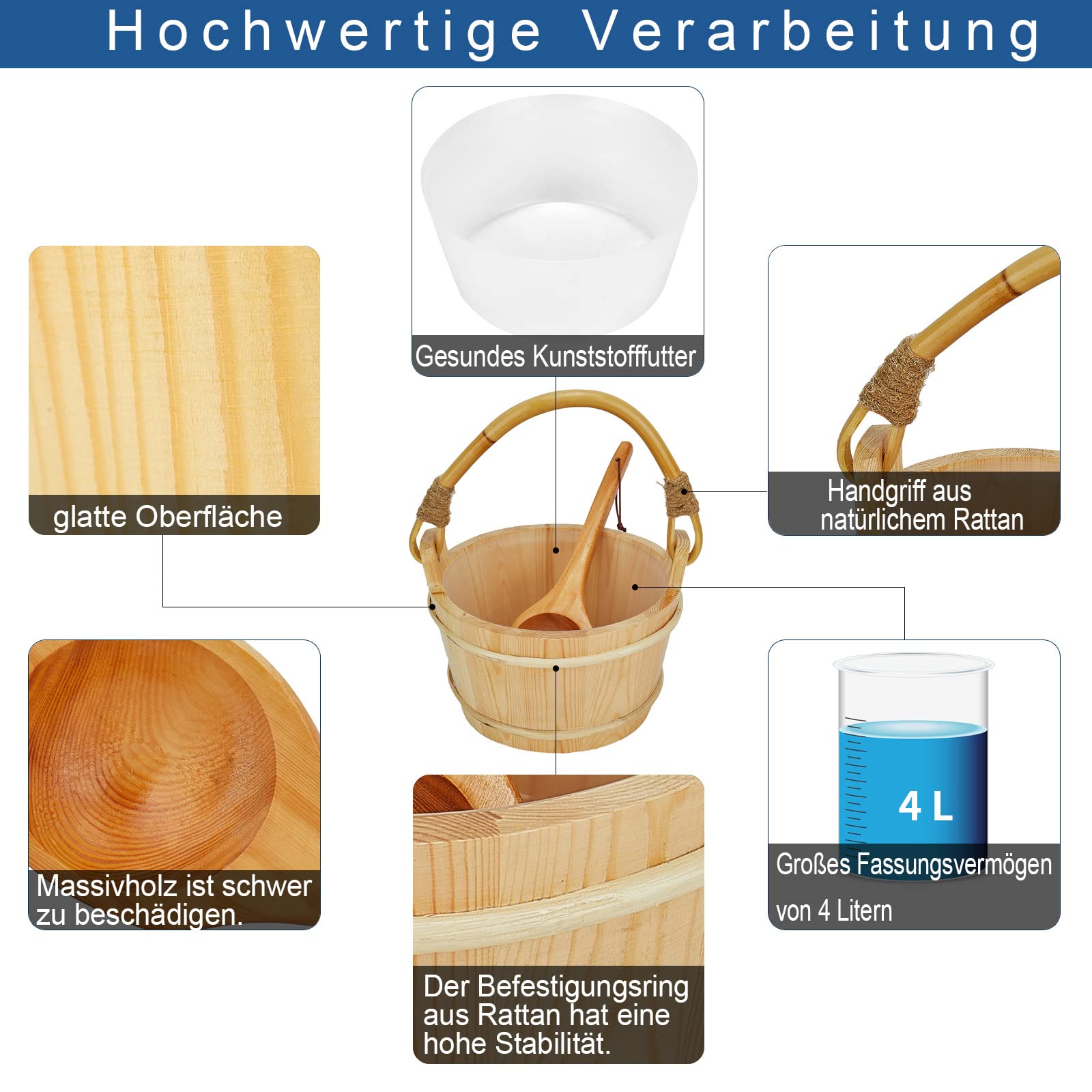 Seau en Bois pour Sauna Set avec Insert en PVC, Accessoires de Sauna de Haute Qualité - avec Louche, Sablier, Thermo-hygromètre - 4 Litres