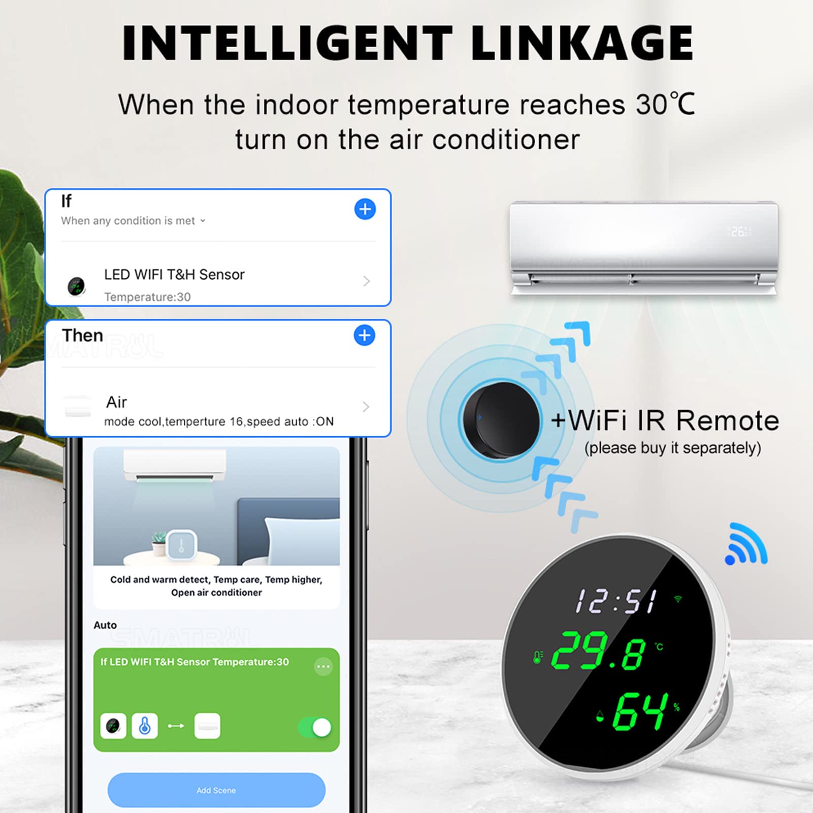 Monitor di Umidità Della Temperatura Smart Wifi, Sensore di Umidità Della Temperatura Wireless con Avvisi di Notifica APP, Funzione di Controllo Vocale Rilevamento Automatico per L'Ufficio Delle Case