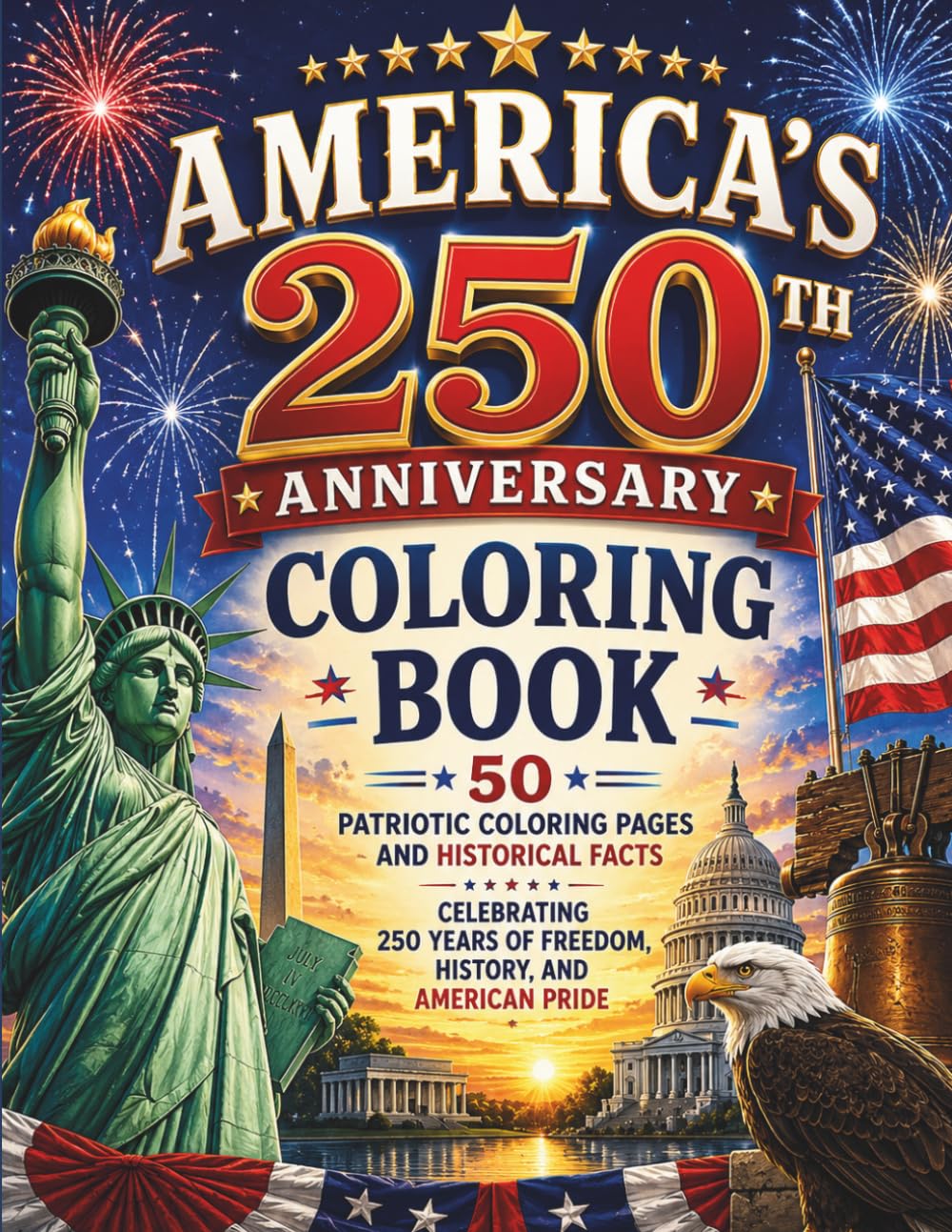 AMERICA'S 250TH ANNIVERSARY COLORING BOOK: 50 Patriotic Coloring Pages and Historical Facts Celebrating 250 Years of Freedom, History, and American Pride (FAMILY PUZZLE WORKBOOKS)