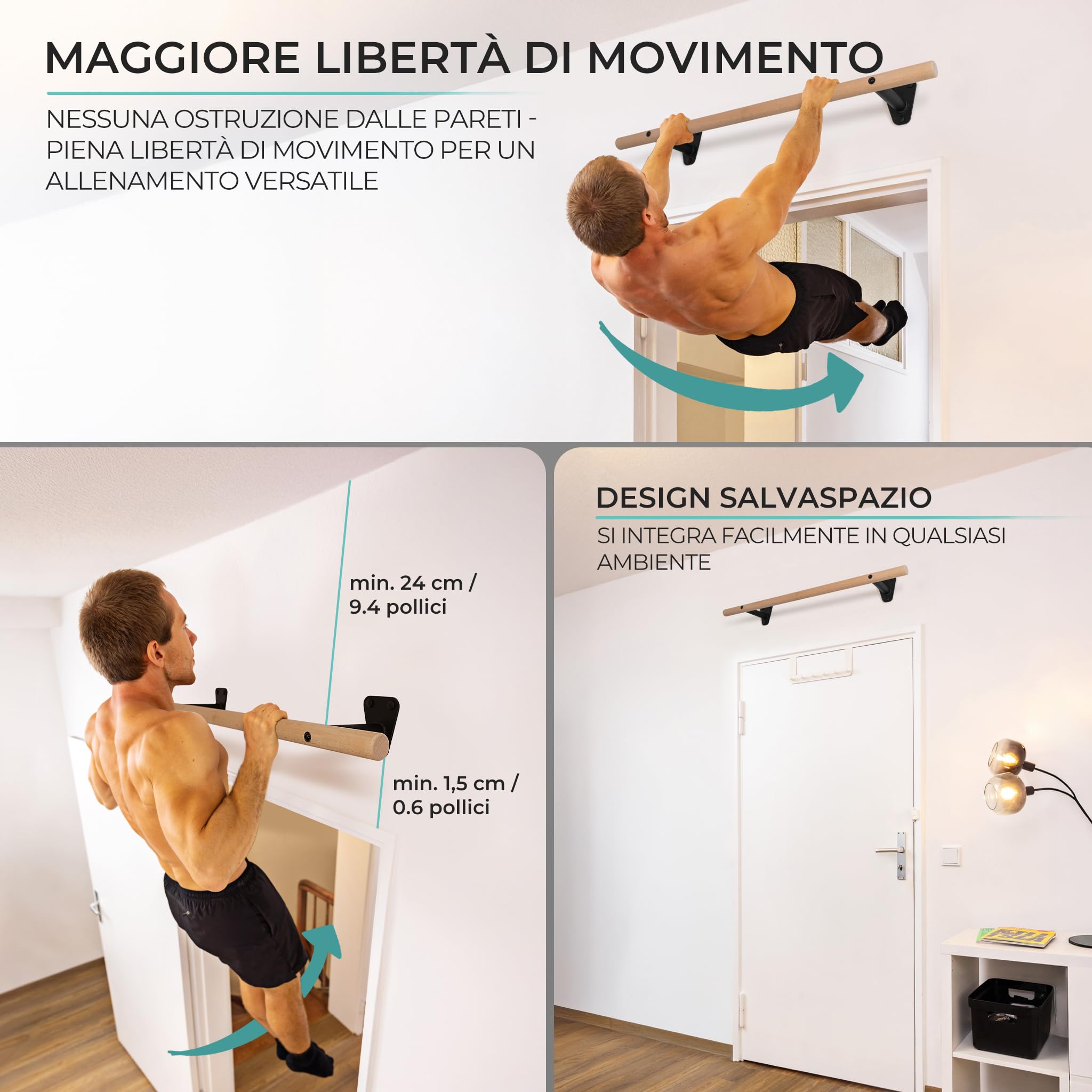 PULLUP & DIP barra per trazioni in legno di faggio – da fissare a parete sopra il telaio della porta – barra 40 mm per trazioni e forza di presa – barra da parete per palestra domestica