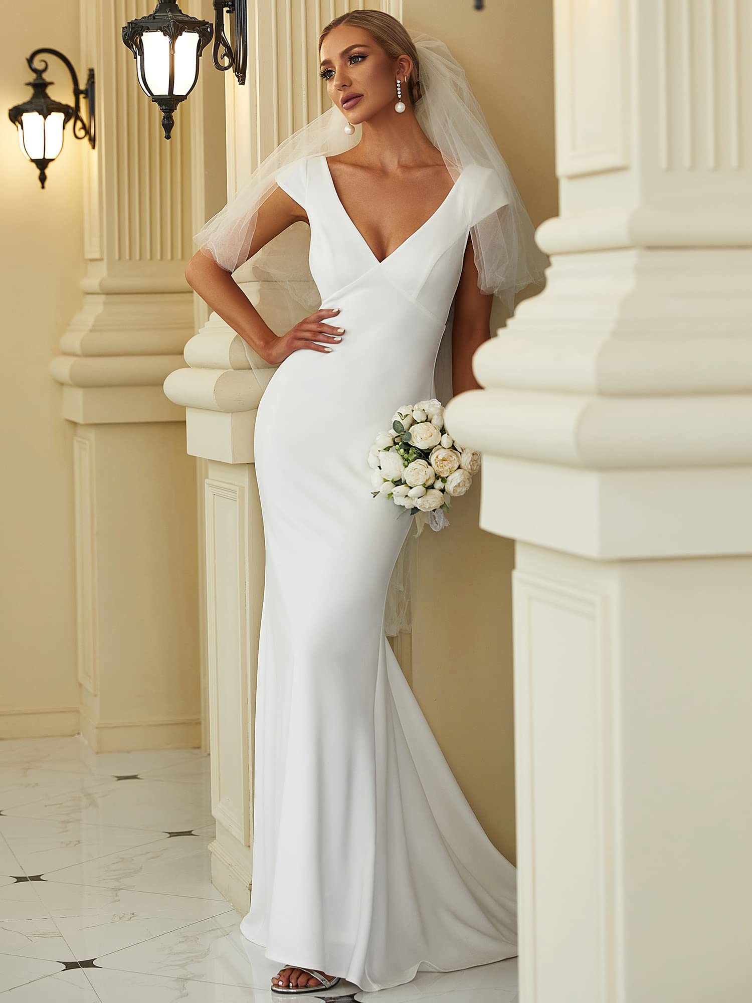 Ever-Pretty Robe de Soirée Longue pour Mariage Femme Sirène Col V Manches Courtes Chic EH0171A