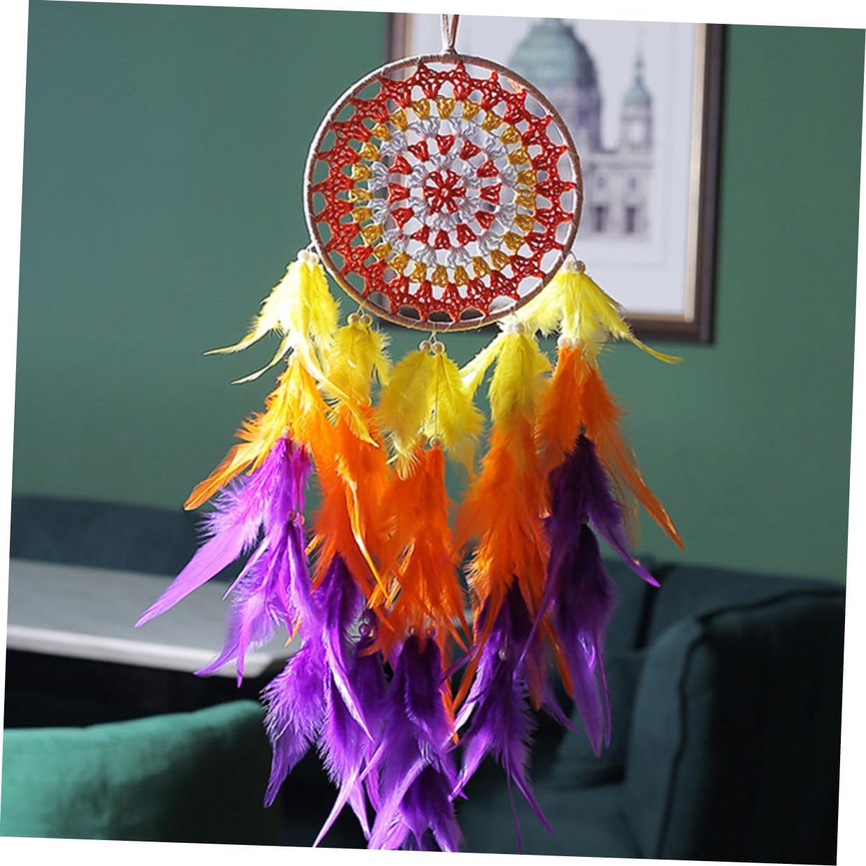 Colorful Dream Catcher Wall Hanging with Light Plume Ornament Bohemian Hanging Decoration for Bedroom Festival Room Decor