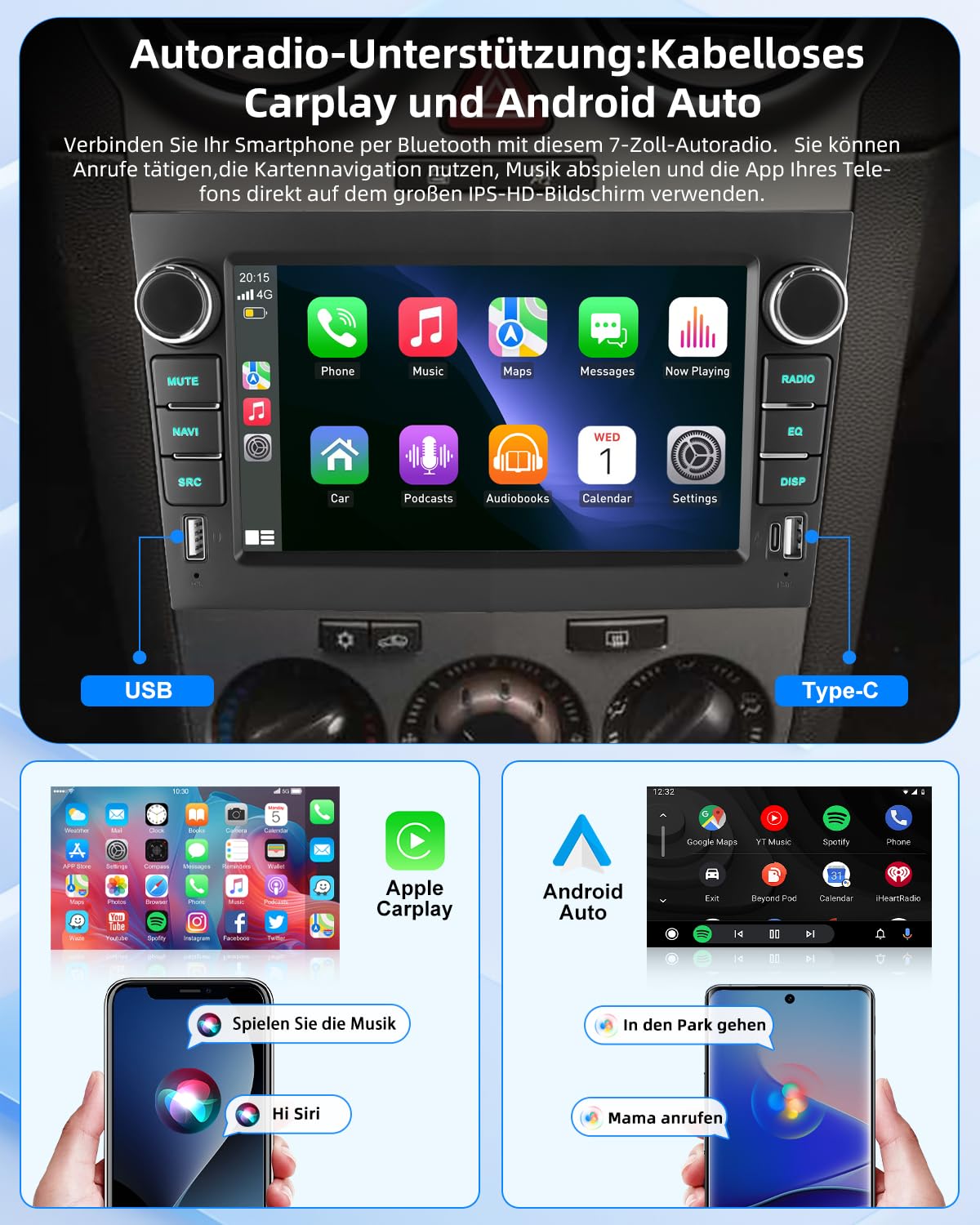 ESSGOO 4+64G Wireless Autoradio Android 14 mit Carplay und Android Auto Für Opel Corsa C/D Zafira B Astra G H 7 Zoll IPS Touchscreen Bluetooth FM RDS GPS Schwarz