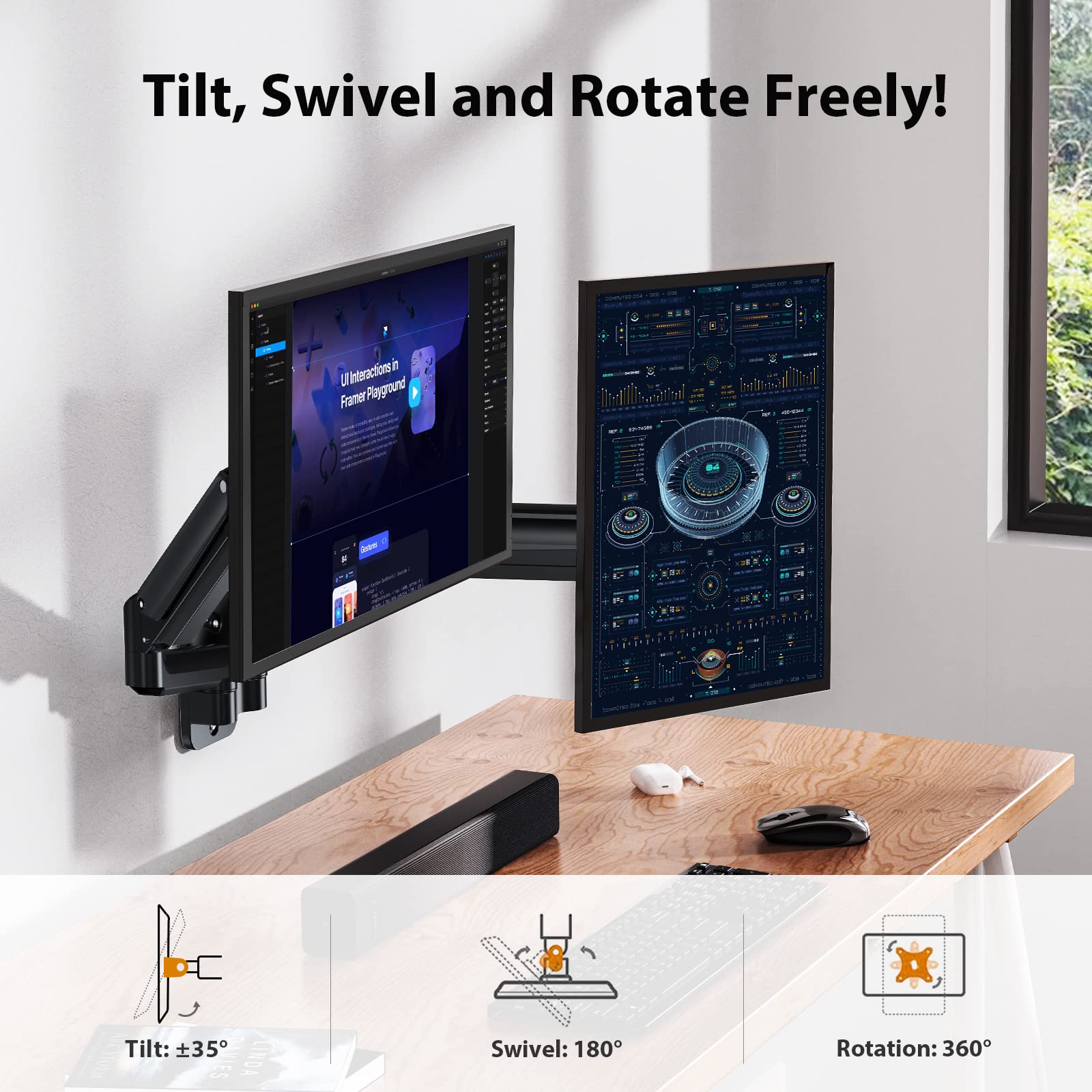 ErGear Dual Monitor Wall Mount for 13 to 27 Inch, Height Adjustable Gas Spring Arm Wall Mount Holds up to 17.6lbs Per Arm, Computer Monitor Wall Mount with VESA 75x75/100x100