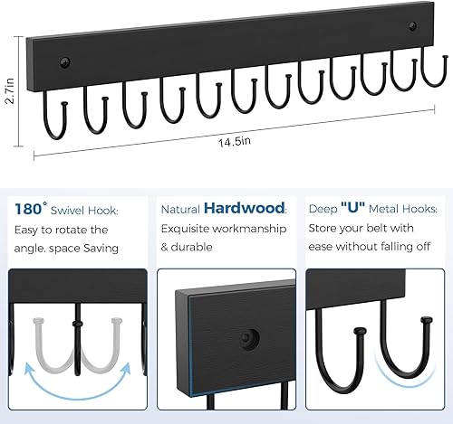 Miniatura 3 de Colgador de cinturón montado en la pared, organizador de cinturón de madera, paquete de 2 unidades de capacidad máxima de almacenamiento de 24