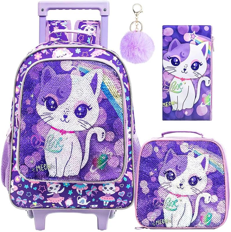 Rolling Backpack for Girls Boys, Kids Roller Wheels School Bookbag with Lunch Bag, Wheeled School Bag for Children