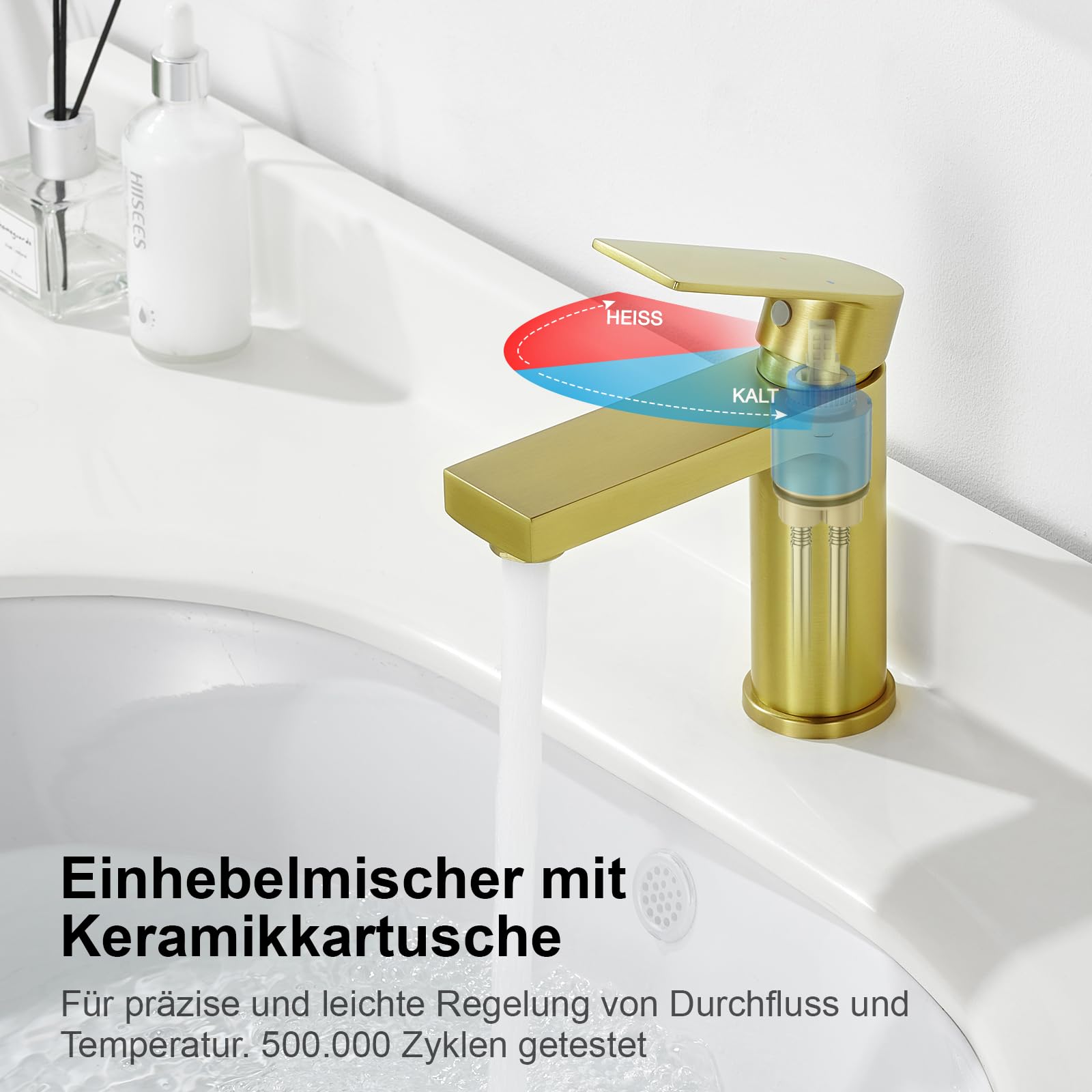 Waschtischarmatur für Badezimmer eckig, Hochdruck Einhebelmischer Armatur Wasserhahn für Waschbecken Bad W.C mit Pop-Up Ablaufgarnitur aus Edelstahl in gebürstetes gold