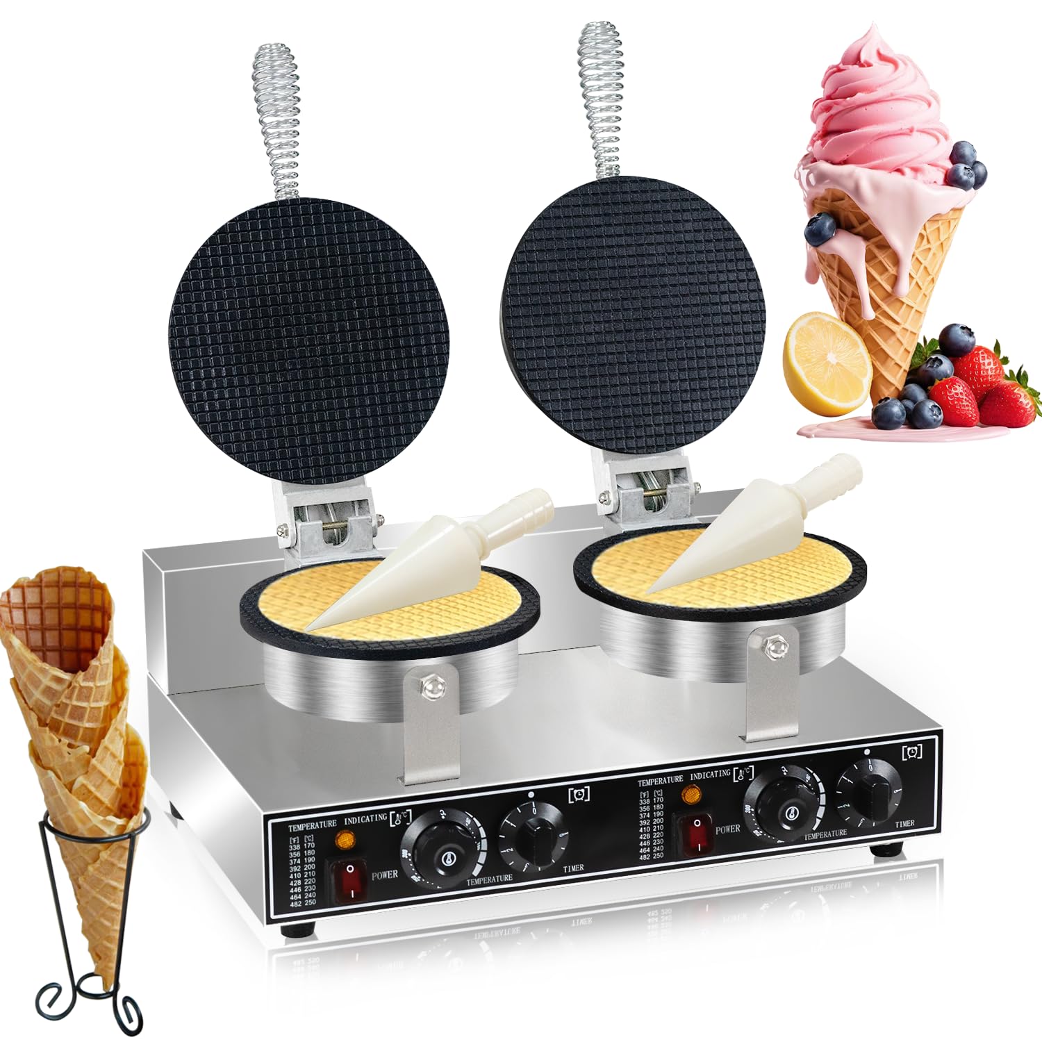 Dyna-Living Waffle Cone Maker Commercial 2600W Professional Ice Cream Cone Waffle Maker Machine, Stainless Steel Non-stickRound Waffle Cone Iron Double Head Egg Roll Mold for Restaurant Home Use