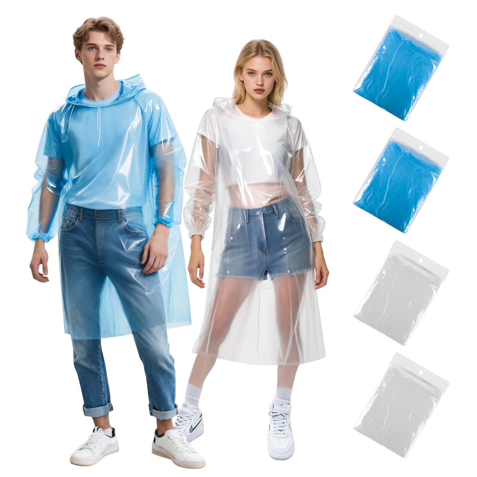 GAOHUI Lot de 4 Ponchos de Pluie Jetables Adultes Adolescents Capuche Protection Extérieur Transparent Bleu