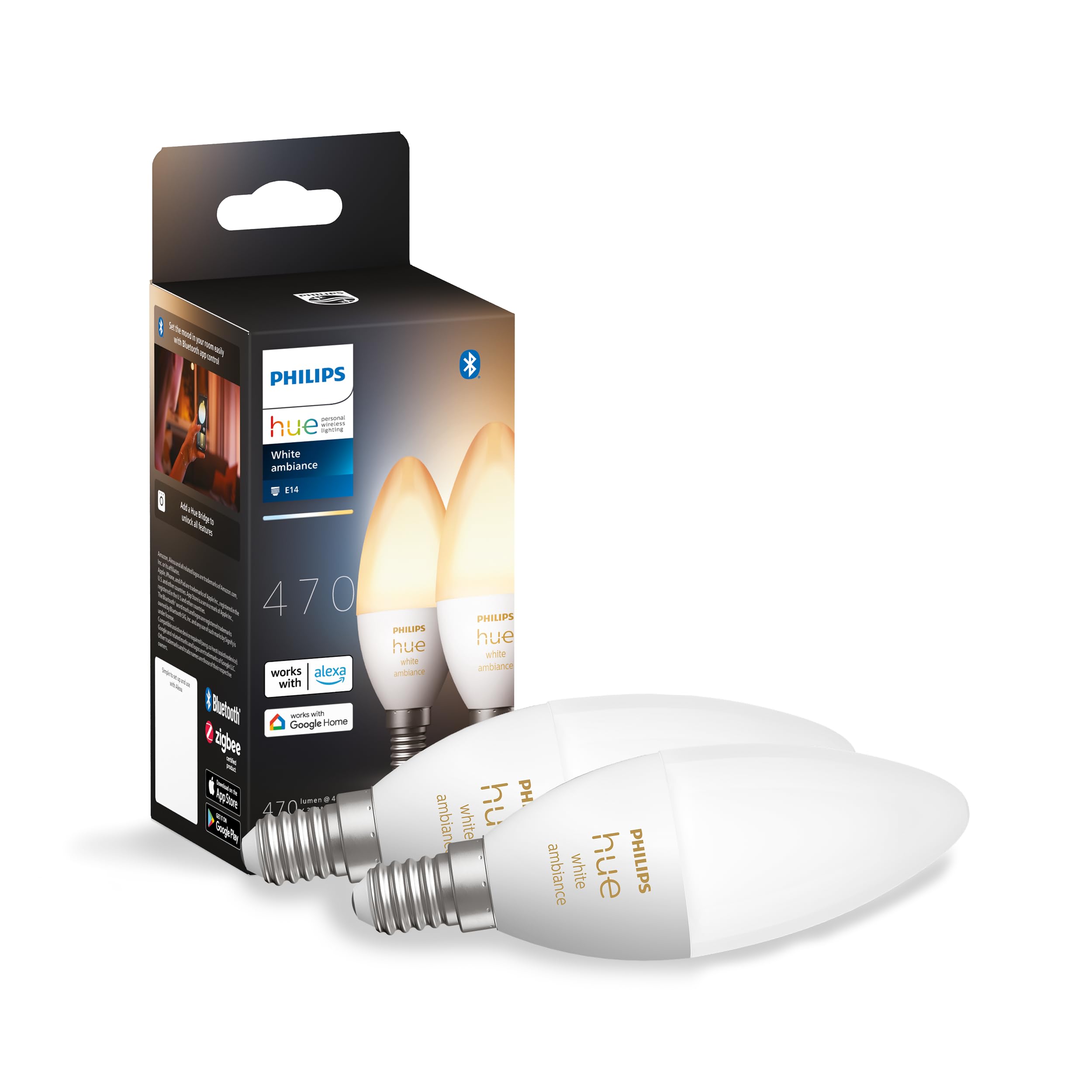 Philips Hue Philips Hue New White Ambiance Smart Light Bulb 2 Pack [E14 Small Edison Screw] Works with Alexa, Google Assistant and Apple Homekit. for Indoor Home Lighting, Livingroom and Bedroom.