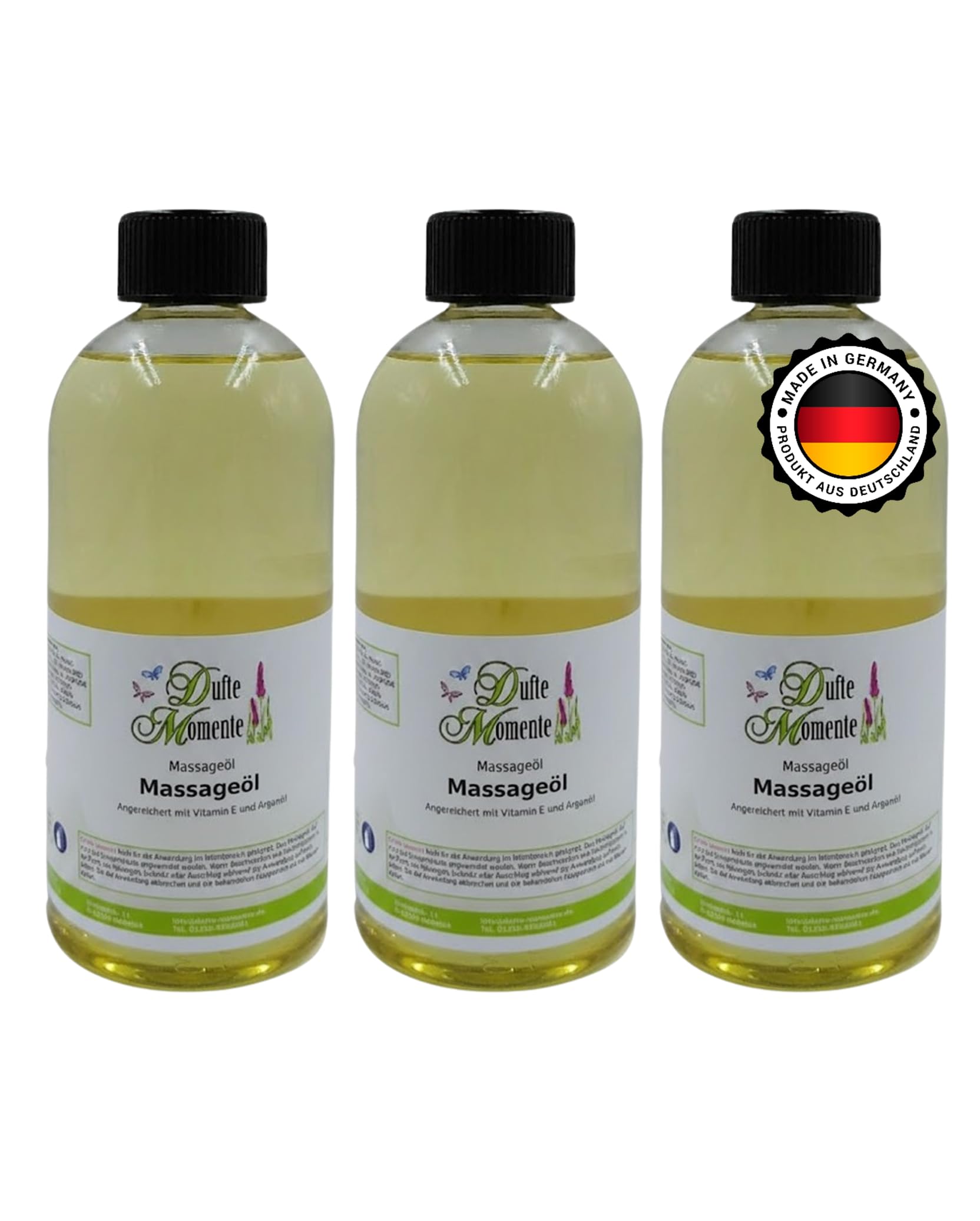 Dufte Momente Massageöl Set – 3 × 500 ml – freie Duftwahl – Paraffinölbasis – professionelle Gleitfähigkeit – Wellness & Massage – Made in Germany