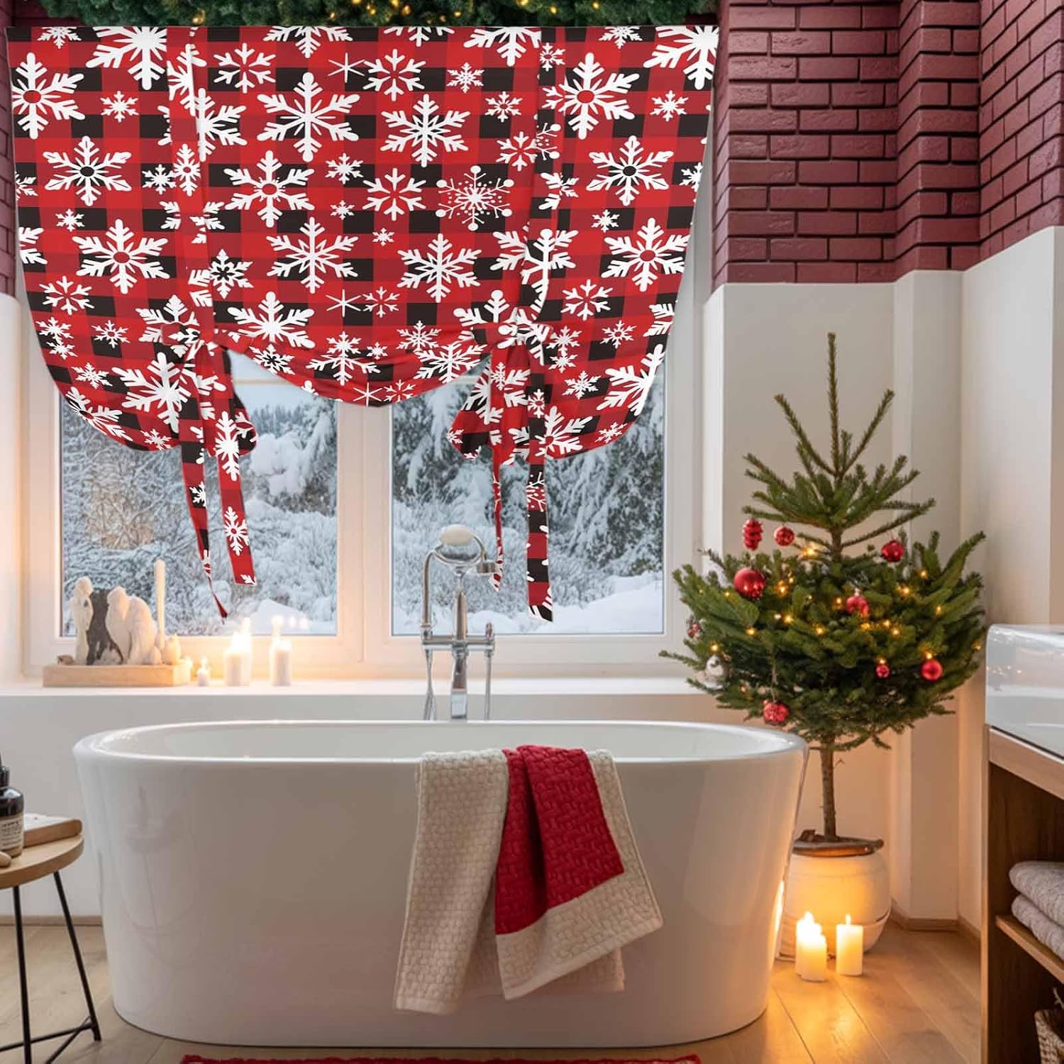 Yukro Tie Up Curtains Window Shades, Merry Christmas Winter Snow Red Black Buffalo Plaid Rod Pocket Tie Up Window Shade, Adjustable Balloon Curtain Shade for Blinds Kitchen Bathroom, 1 Panel, 52"x63"
