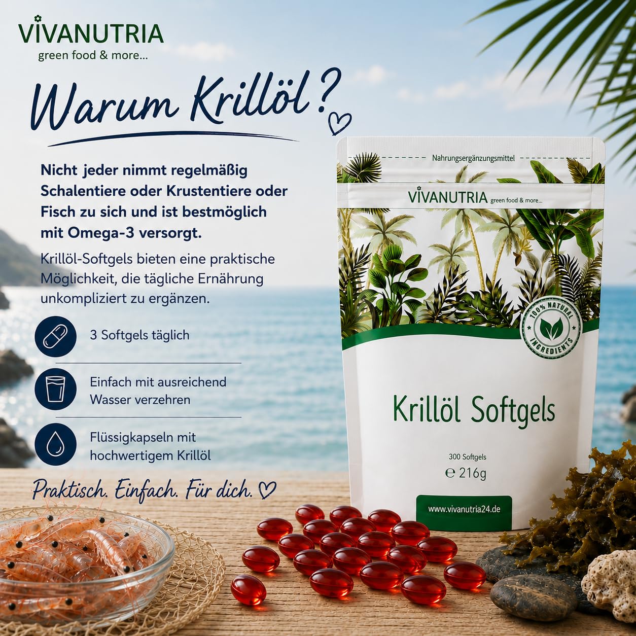 VivaNutria Krillöl-Kapseln 300 Stück I kleine Softgel-Kapseln | leicht zu schlucken I mit je 500 mg reinem Antarktis-Krillöl I beste Qualität - große 3-Monats-Packung I Krill-Öl Softgels