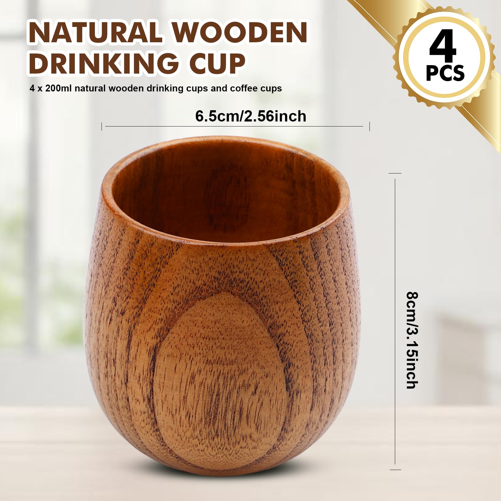 4 bicchieri in legno da 200 ml, in legno naturale, con fondo piatto, design semplice, in legno, per la casa e l'ufficio