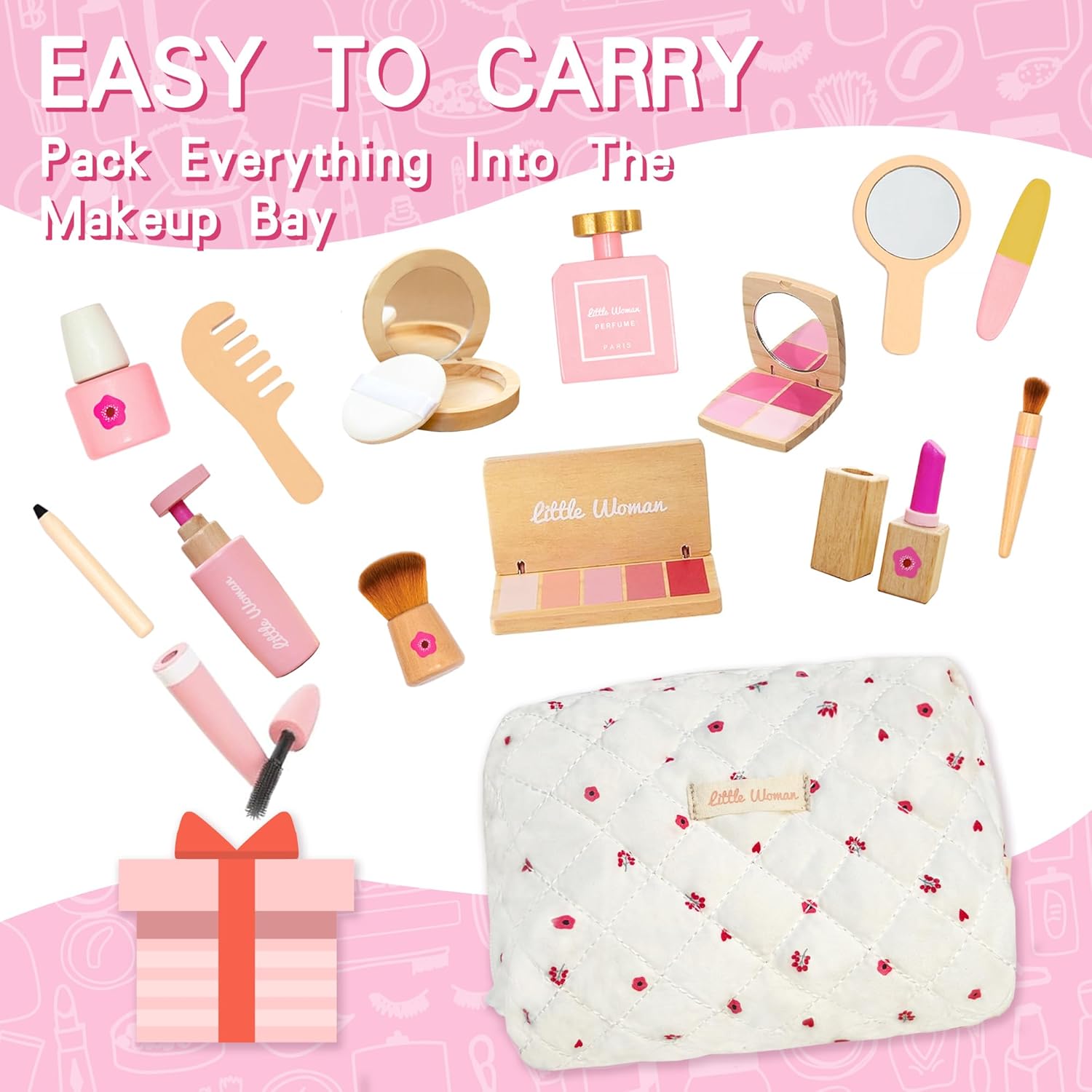 Wooden Pretend Makeup Toy Set for Girls, Realistic Cosmetic Kit with Lipstick & Mirror, Pretend Play Gift for Toddlers & Kids Ages 3-8 - Image 5