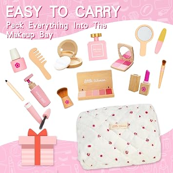 Wooden Pretend Makeup Toy Set for Girls, Realistic Cosmetic Kit with Lipstick & Mirror, Pretend Play Gift for Toddlers & Kids Ages 3-8