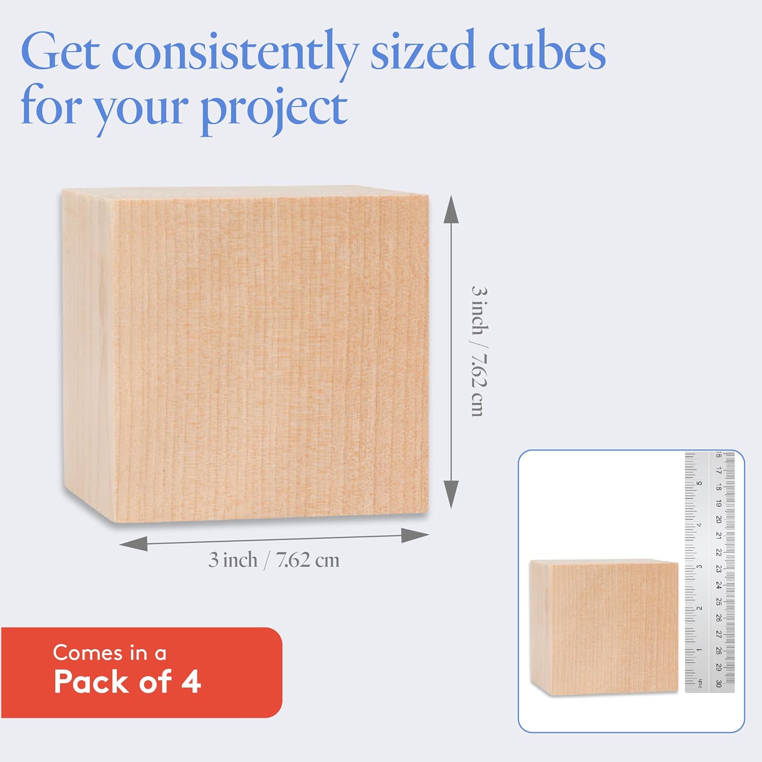DIY Wooden Cubes 3-inch, Pack of 4 Large Wooden Blocks, Unfinished Wood Blocks for Crafts, STEM, Dice, and Building Blocks for Stacking, by Woodpeckers