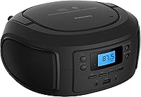 Philips TAZ4300 Portable Bluetooth CD Player Boombox - Top-Loading, 4W Stereo Sound, FM Radio, USB/AUX, Battery Powered Black