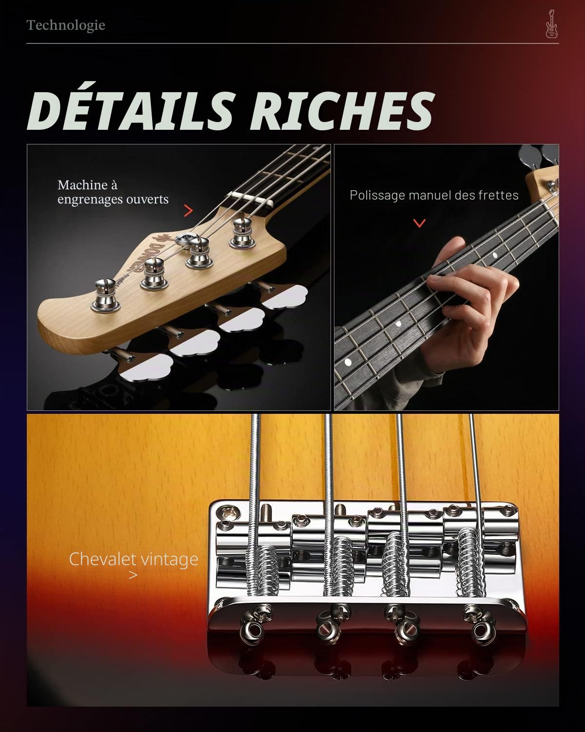 Donner 4 cordes Guitare Basse Électrique pleine grandeur avec sac, sangle de guitare et câble de guitare (Sunburst, DPB-510S)