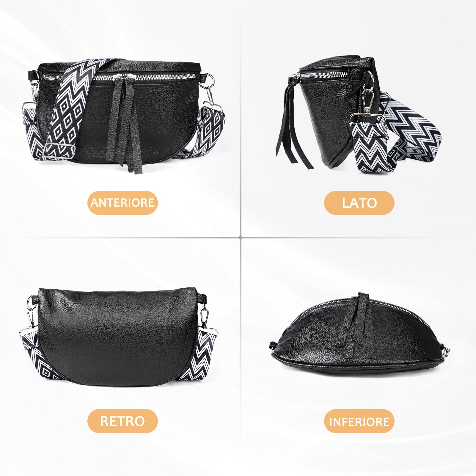 Kiiwah Marsupio Donna Elegante Pelle PU, Borsa a Tracolla di Medie Dimensioni Nero Tracolla Larga con 2 Rimovibile Spallacci