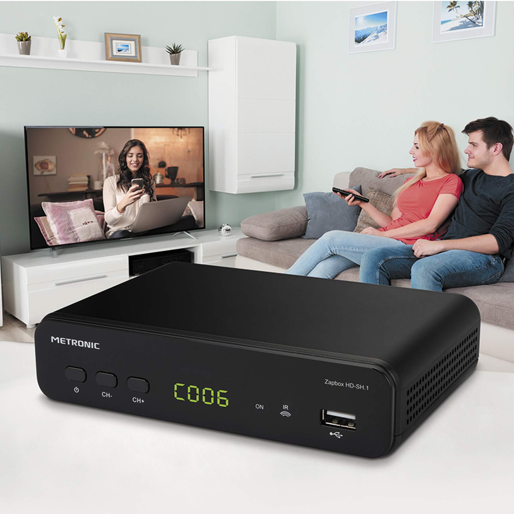 Metronic 441624 odbiornik DVB-T2 HEVC TDT DVB-T2, gniazdo USB, HDMI, SPDIF, RJ45, pilot zdalnego sterowania, czarny