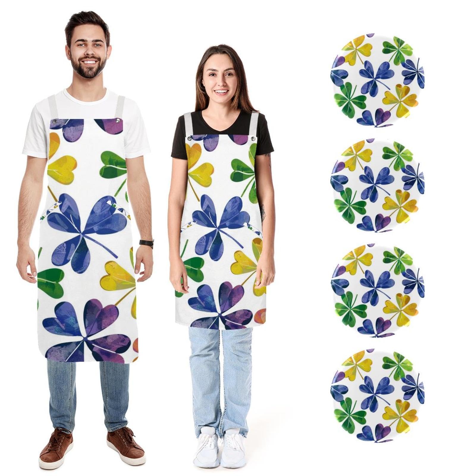 Lot de 2 tabliers de cuisine en lin pour homme et femme - Motif trèfle porte-bonheur - Tablier de cuisine avec 2 poches réglables, Imprimé trèfle porte-bonheur,