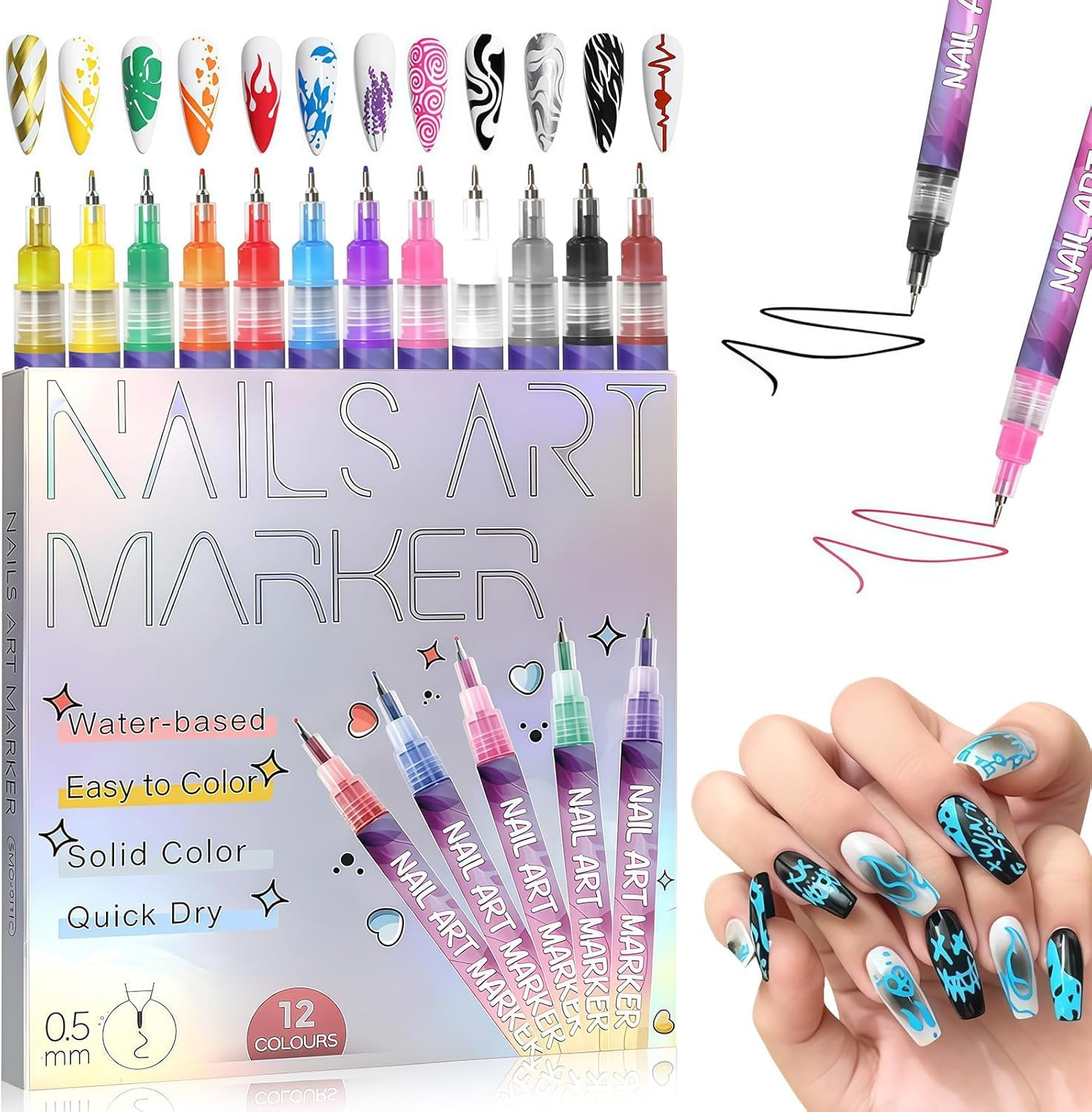 12 Colors Nail Art Pens for Painting Nails Nail Markers for Nail Art Markers for Kids Nail Polish