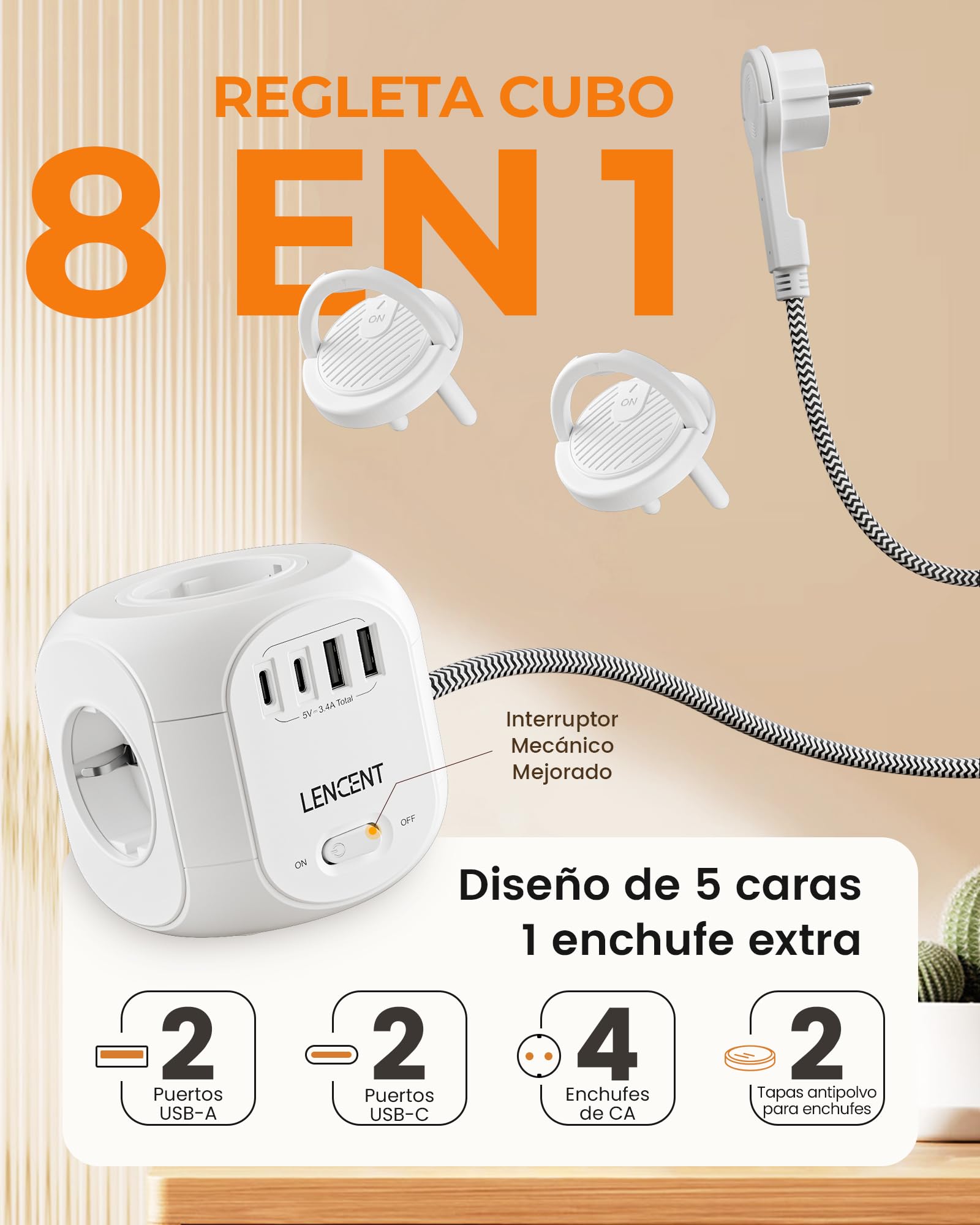 LENCENT Cubo Regleta Enchufes 2M con Enchufe Plano Regleta para Uso Interior, Regleta Enchufes Plano con 4 Tomas de CA, 3 USB, 1 Tipo C y 2 Cubiertas Protectoras para Familia, Cocina y Oficina