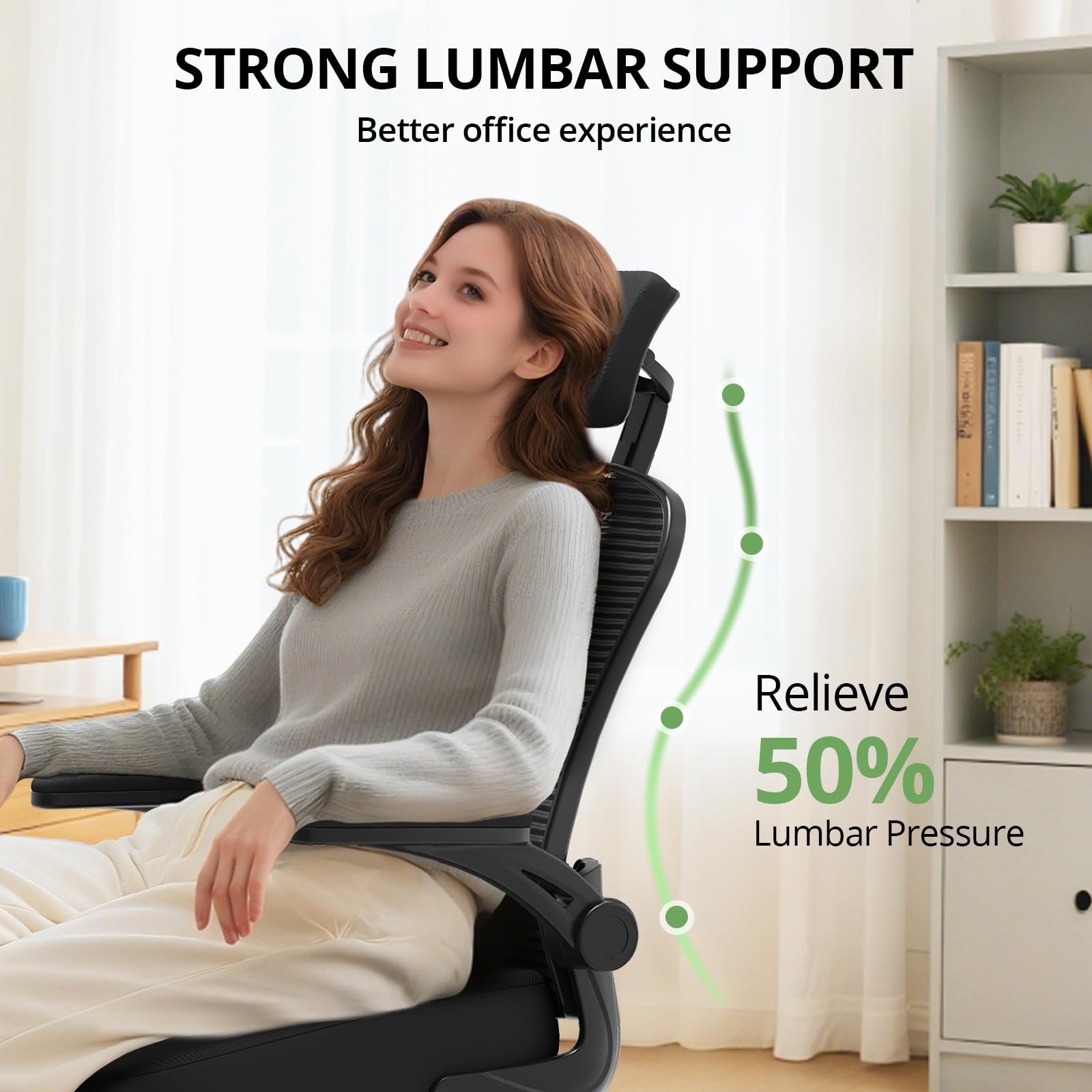 Office Chair Ergonomic Desk Chair, 330LBS Capacity, High Back Computer Chair for Long Hours Comfortable, Rolling Swivel Executive Task Chair for Home Office with Flip-up Armrests, Black