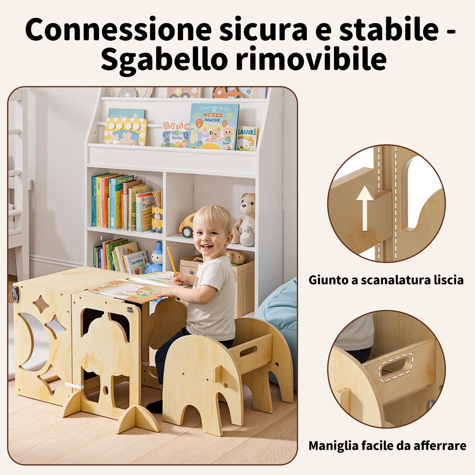 COSYLAND Torre Montessoriana Bambini 4 in 1 - Torretta Montessoriana con Scrivania e Sedia in Legno Naturale