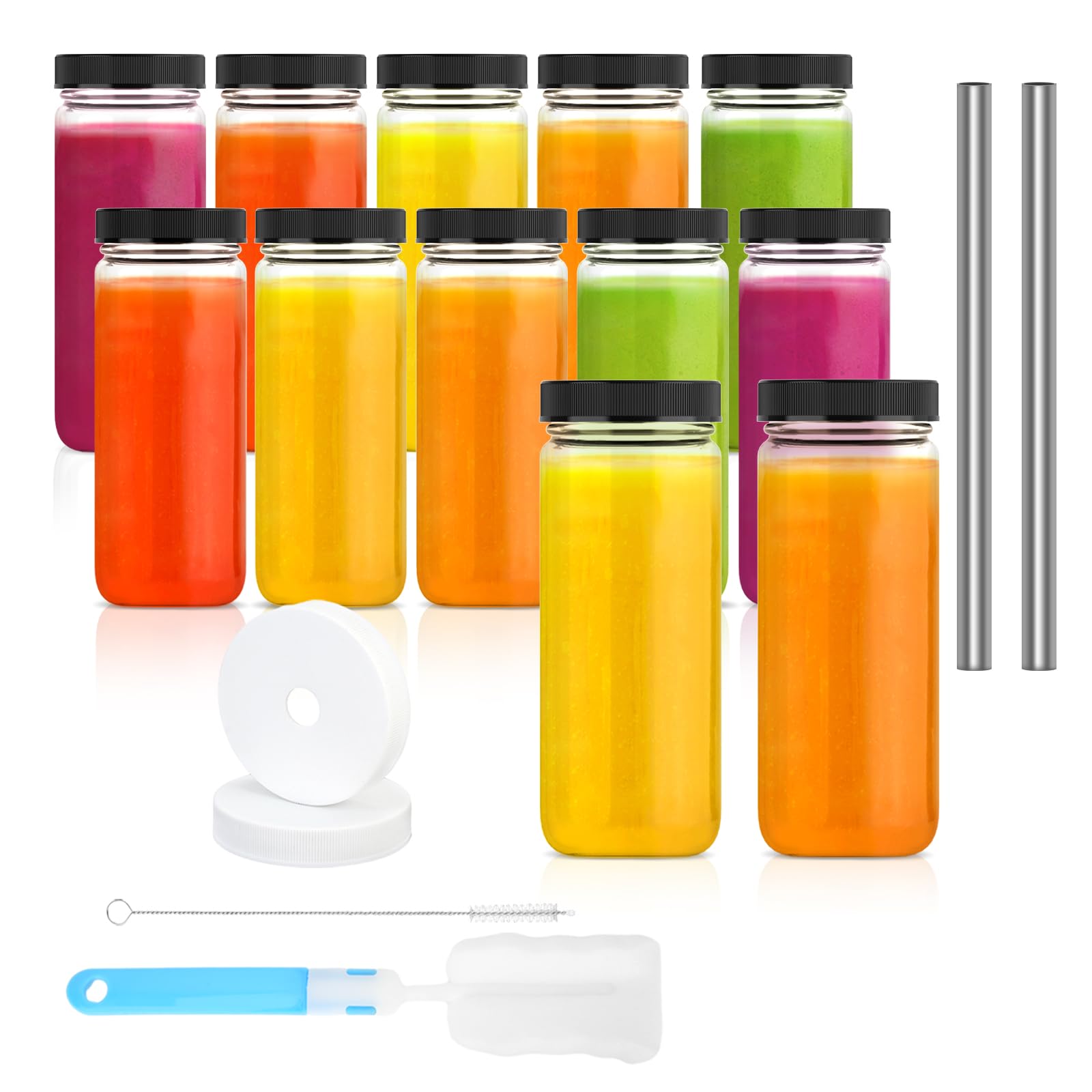 16oz Glass Juicing Bottles with Black Airtight Lids,Glass Water Bottles with 2 Straws & 2 Lids w Hole, Reusable Tall Mason Jar for Juice, Iced coffee, Smoothie,Tea, Kombucha,Yogurt,Set of 12