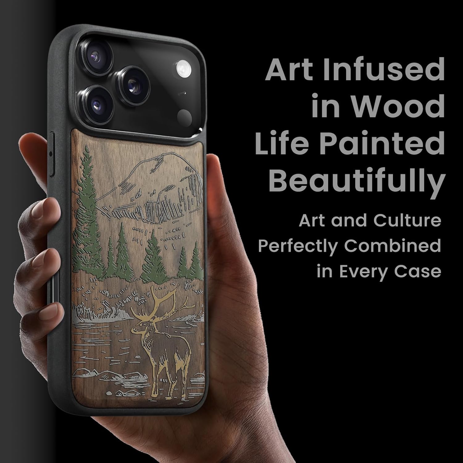 Magnetic for iPhone 17 Pro Max Case Compatible with MagSafe Wireless Charging, Natural Wood Cover & Shockproof TPU Phone Case, Walnut Hand-Drawn Pattern - Mountain Majesty