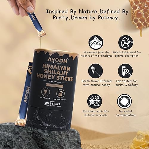Miniatura 6 de Ayodh Palitos de miel Shilajit Pure Himalayan  Paquete de 30 (0.25 onzas), hechas con ácido fúlvico y miel natural, sabrosos palitos de miel