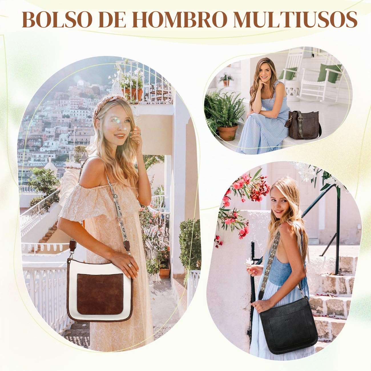 RAVUO Bolso Mujer, Grande Bolso Bandolera Mujer de Cuero Pu Bolso Cruzado Bolso Hombro Piel con 2 Correas Ajustable para Diario Viaje