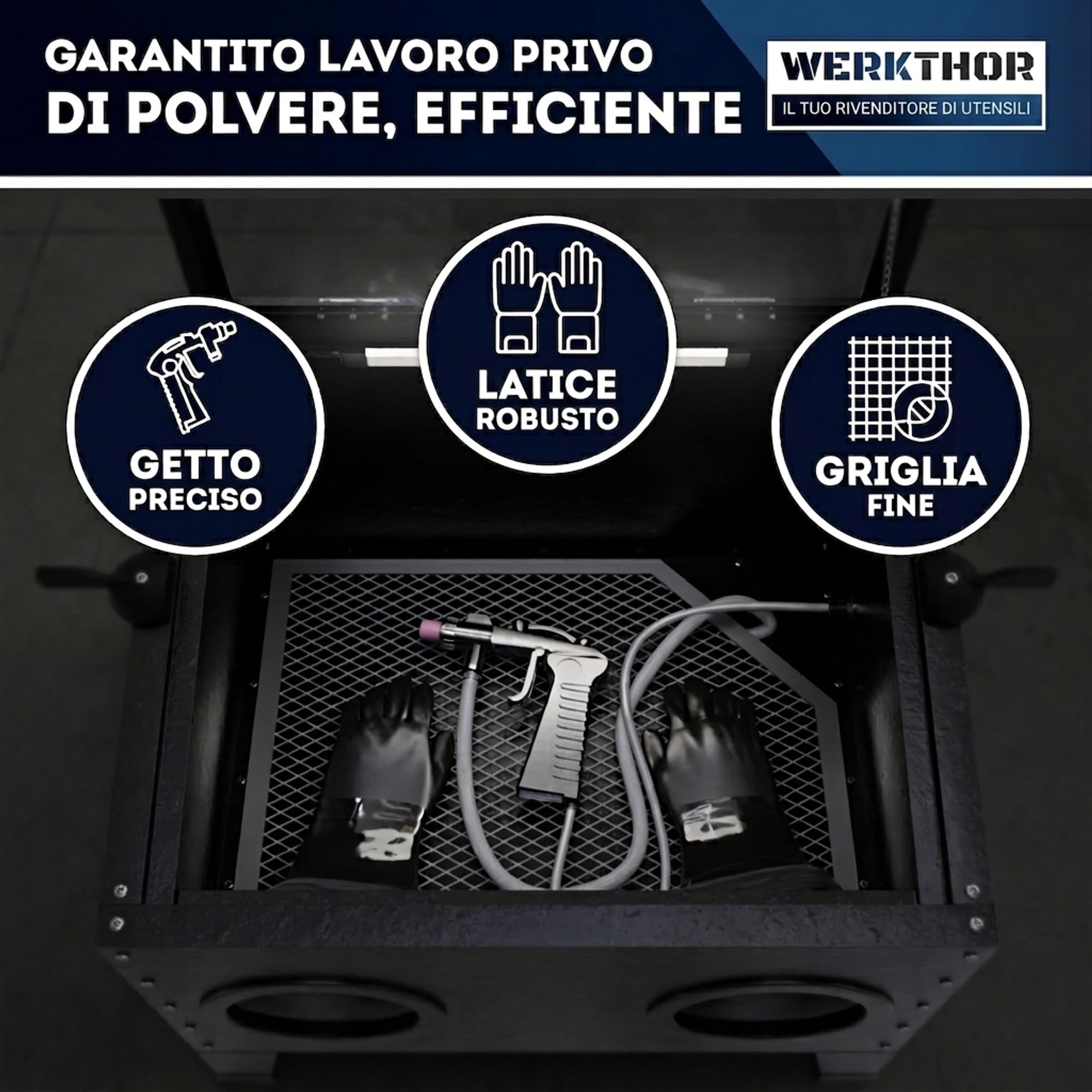 Werkthor Cabina sabbiatrice 94,8 litri – sabbiatrice per legno e metallo con pistola a getto e 4 ugelli in ceramica – sabbiatrice per trattamento – 25 galloni