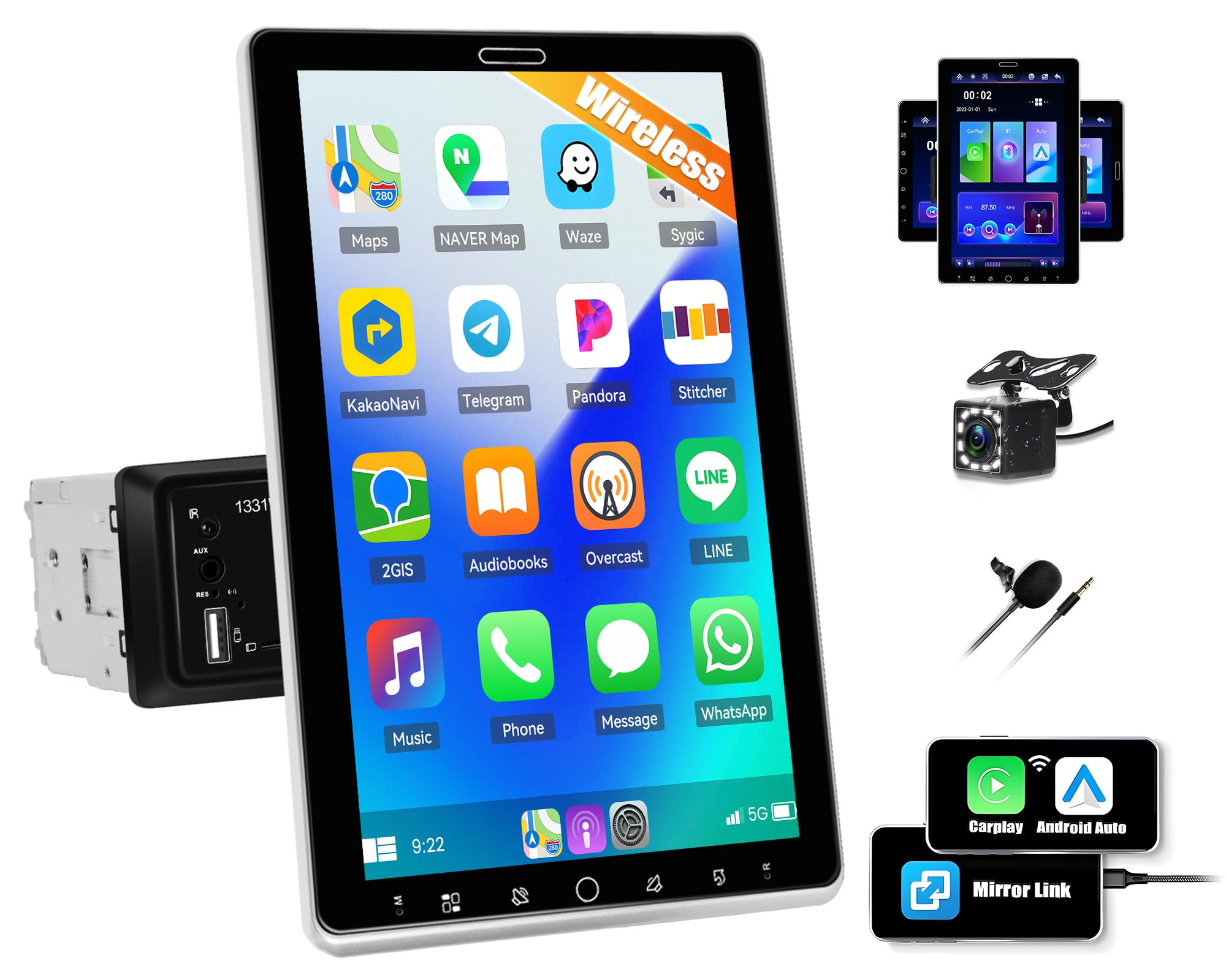 CAMECHO Autoradio 1 Din, 10 Pouces sans Fil A-pple Carplay Android Auto avec Caméra de Recul, Pivotant IPS Touchscreen Radio avec FM/AM/RDS Bluetooth 5.2 EQ Mirror Link +Commandes au Volant