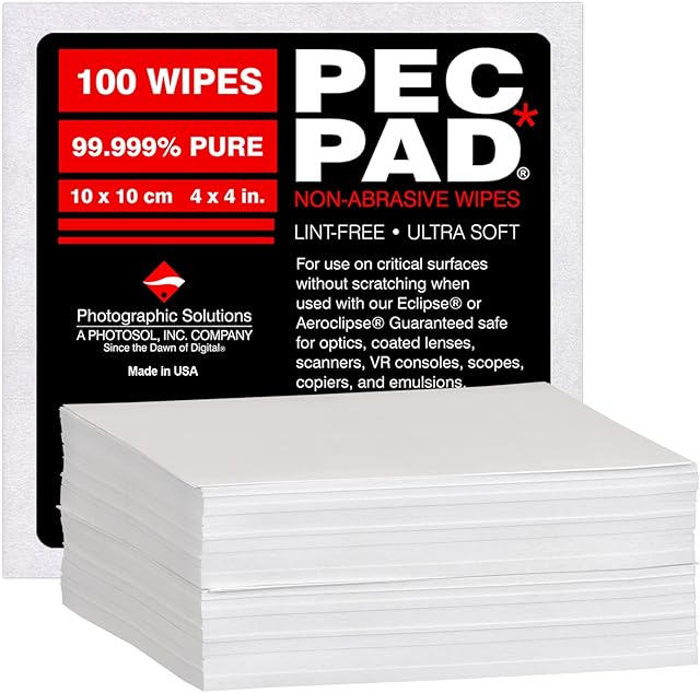 PEC-PAD Lint Free Wipes 4x4 Non-Abrasive Ultra Soft Cloth for Cleaning Sensitive Surfaces like Camera, Lens, Filters, Film, Scanners, Telescopes, Microscopes, Binoculars. (100 Sheets Per/Pkg)