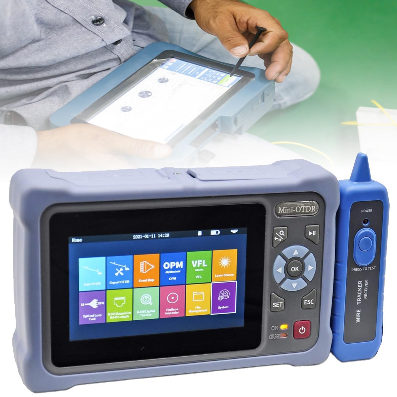 Mini OTDR Fiber Optic Tester 1310/1550nm 26/24dB with 4.3-inch Touch Screen, 11-in-1 Multi-Functional OTDR with VFL OPM OLS Event Map, Tracking Functions, Testing Wavelength for Maintenance